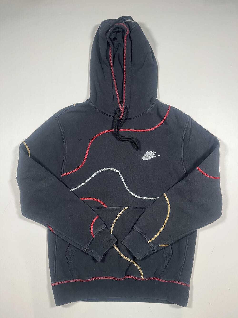 Nike Hoodie Mens Small Black Pullover Fleece Multicolor Stitch Swoosh Sweatshirt